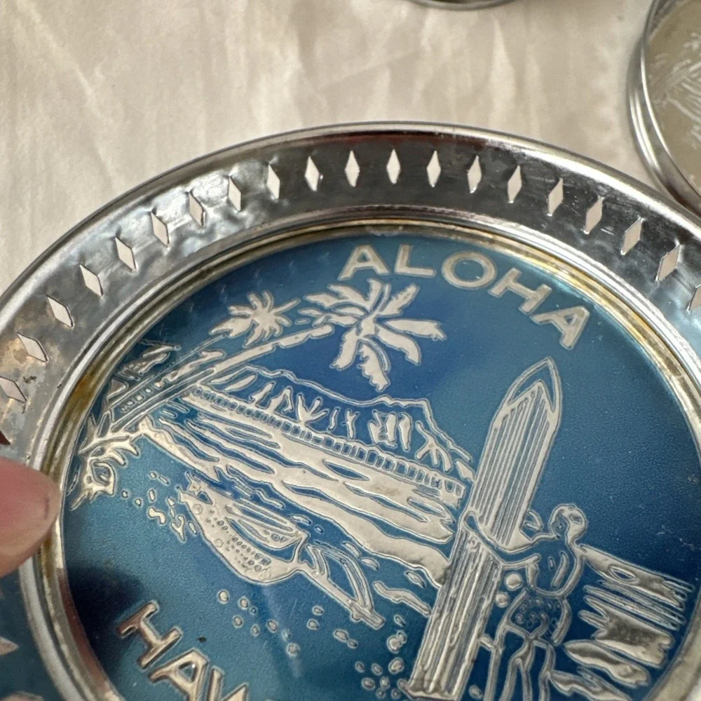 Vintage Hawaii Aloha Tin Metal Coasters Surfer Tiki Bar Man‎ Cave 3